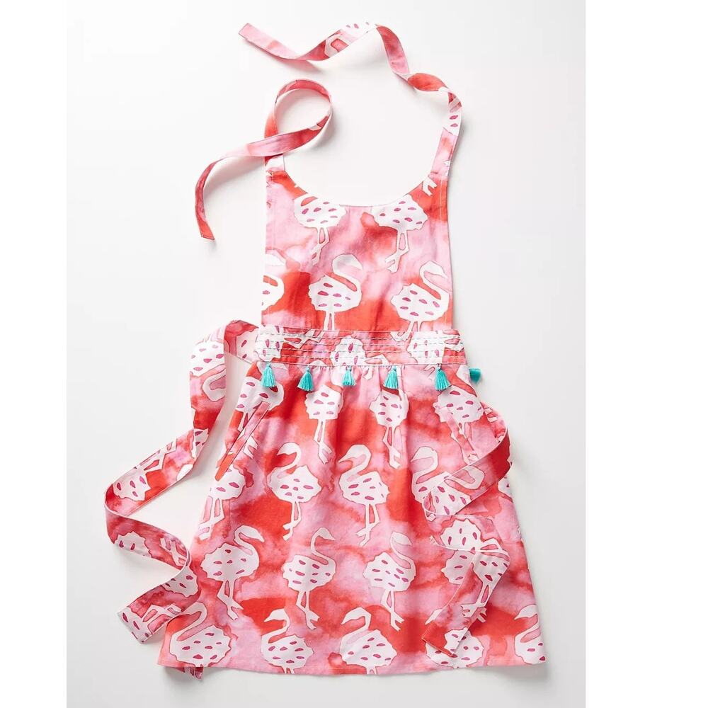 ANTHROPOLOGIE Apron Pink Flamingo Print 100% Cotton Tassels